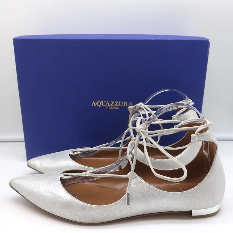 Aquazzura Christy Ballerines à Bout Pointu avec Lacets en Suédine Métallisée Argenté Taille 40