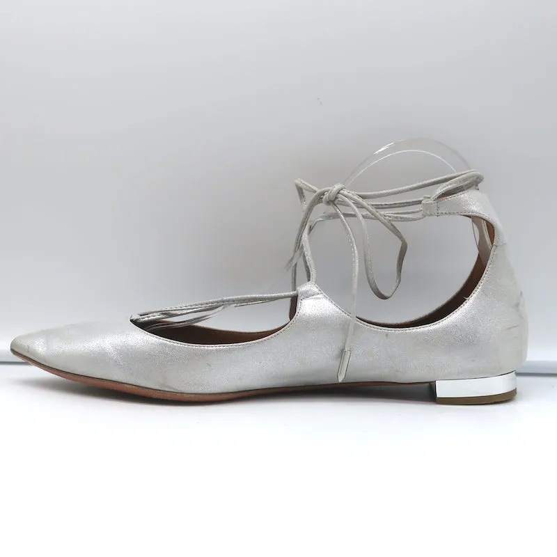 Aquazzura Christy Ballerines à Bout Pointu avec Lacets en Suédine Métallisée Argenté Taille 40