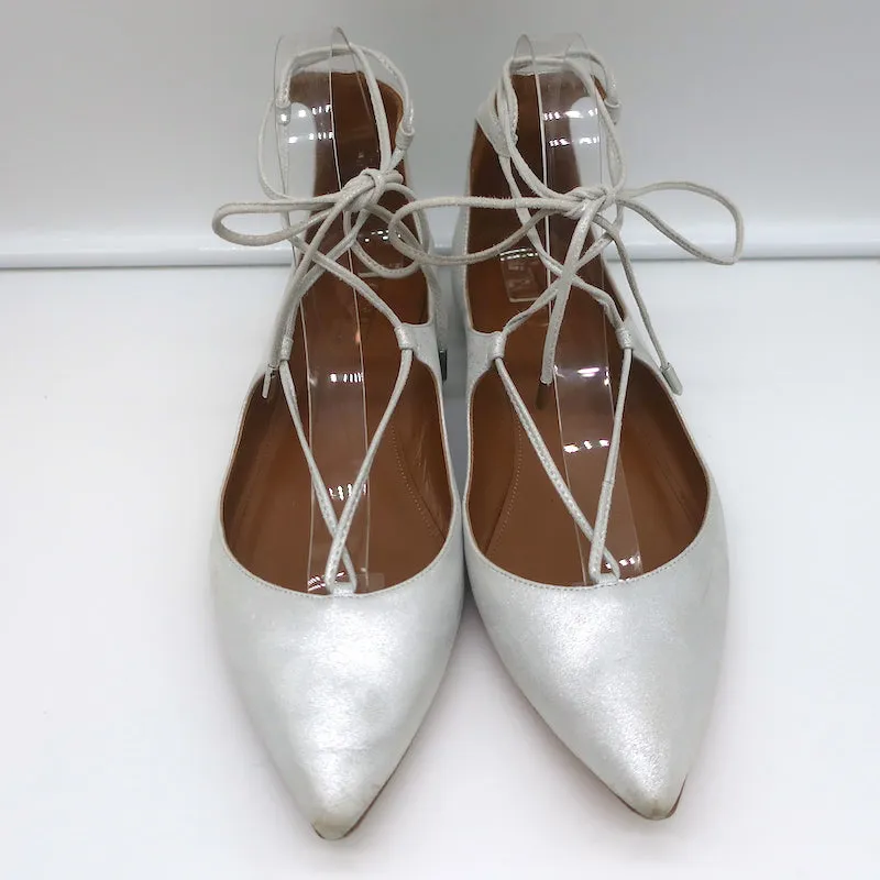 Aquazzura Christy Ballerines à Bout Pointu avec Lacets en Suédine Métallisée Argenté Taille 40