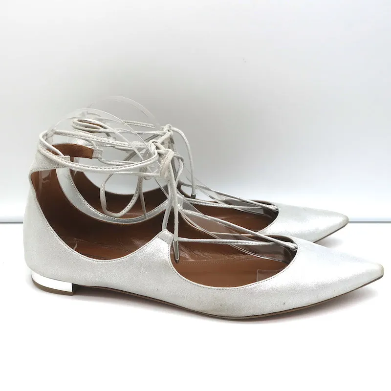 Aquazzura Christy Ballerines à Bout Pointu avec Lacets en Suédine Métallisée Argenté Taille 40
