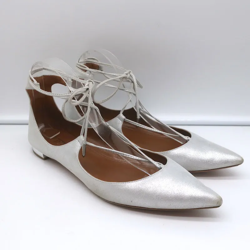 Aquazzura Christy Ballerines à Bout Pointu avec Lacets en Suédine Métallisée Argenté Taille 40