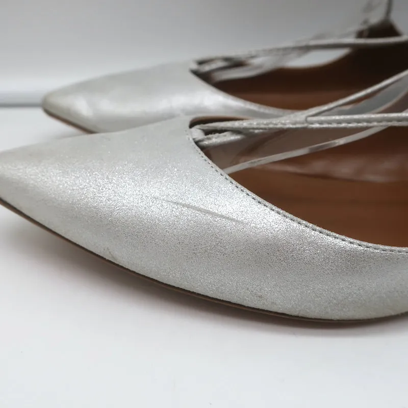 Aquazzura Christy Ballerines à Bout Pointu avec Lacets en Suédine Métallisée Argenté Taille 40