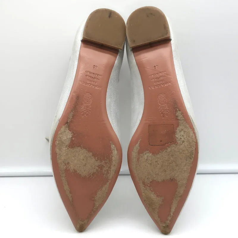 Aquazzura Christy Ballerines à Bout Pointu avec Lacets en Suédine Métallisée Argenté Taille 40