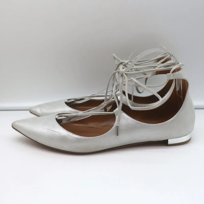 Aquazzura Christy Ballerines à Bout Pointu avec Lacets en Suédine Métallisée Argenté Taille 40