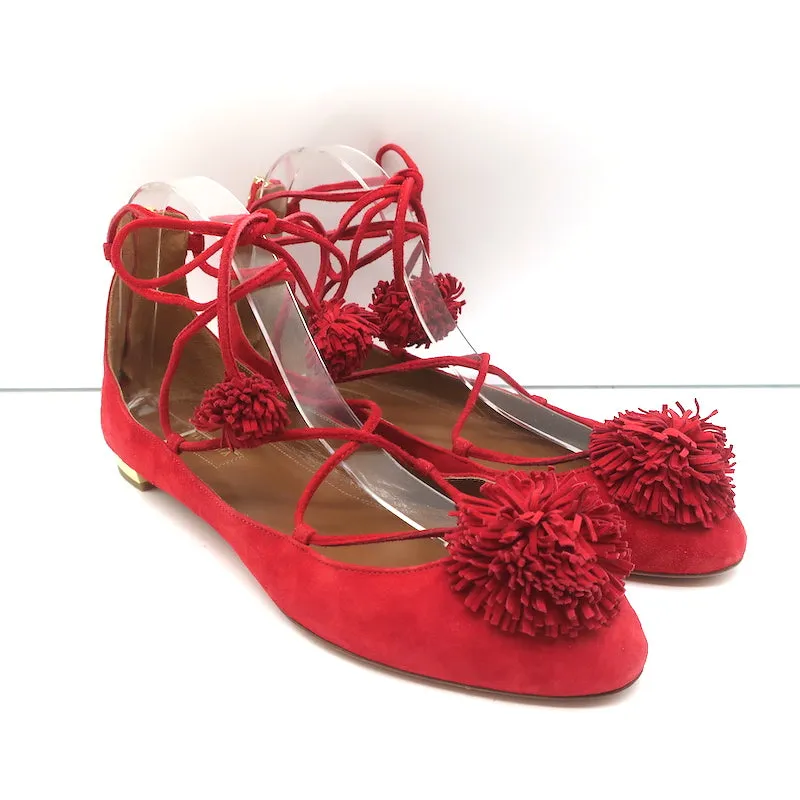 Aquazzura Sunshine Pom Pom Escarpins à Lacets en Daim Rouge Taille 39.5 NEUF
