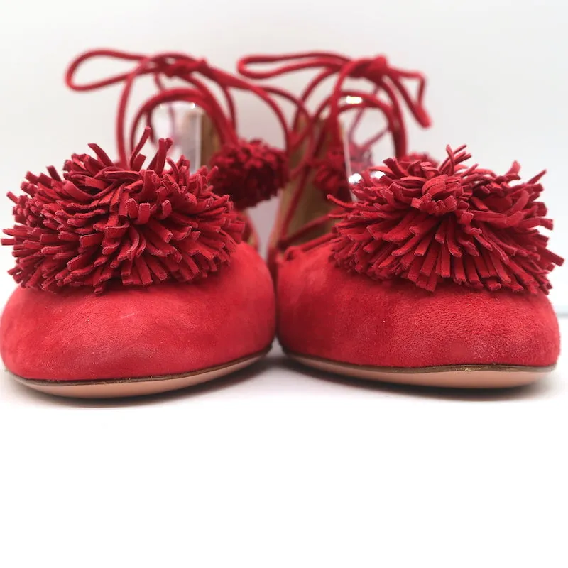 Aquazzura Sunshine Pom Pom Escarpins à Lacets en Daim Rouge Taille 39.5 NEUF