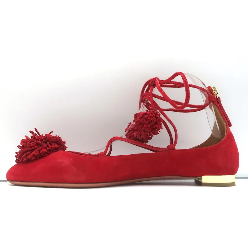 Aquazzura Sunshine Pom Pom Escarpins à Lacets en Daim Rouge Taille 39.5 NEUF