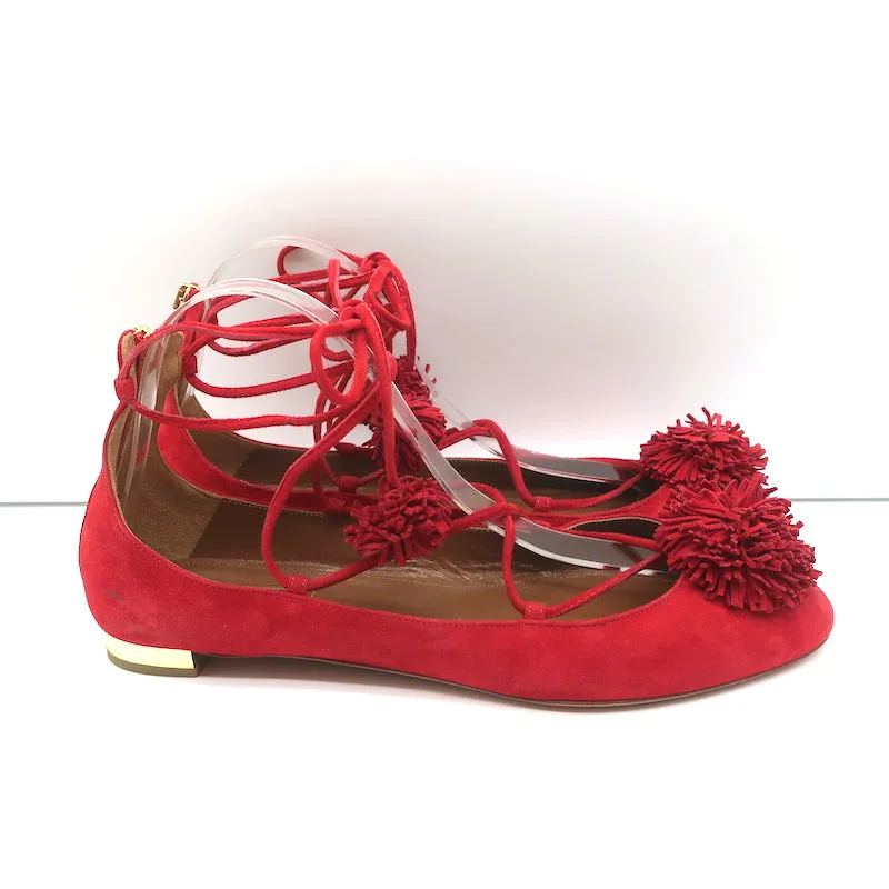 Aquazzura Sunshine Pom Pom Escarpins à Lacets en Daim Rouge Taille 39.5 NEUF
