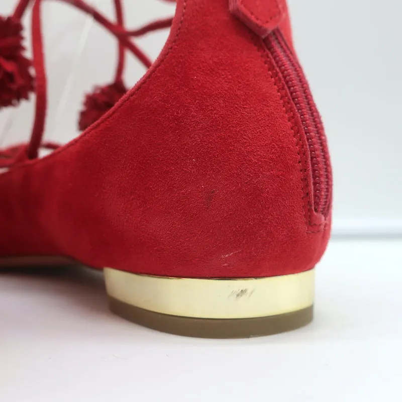 Aquazzura Sunshine Pom Pom Escarpins à Lacets en Daim Rouge Taille 39.5 NEUF