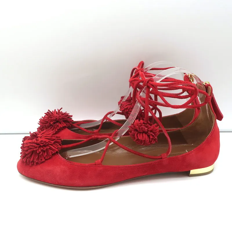 Aquazzura Sunshine Pom Pom Escarpins à Lacets en Daim Rouge Taille 39.5 NEUF