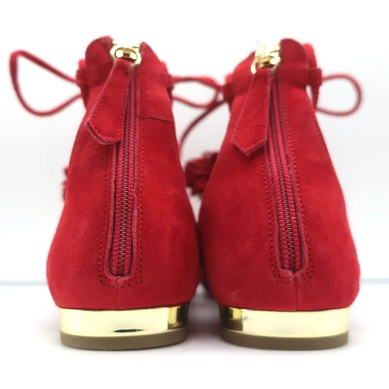 Aquazzura Sunshine Pom Pom Escarpins à Lacets en Daim Rouge Taille 39.5 NEUF