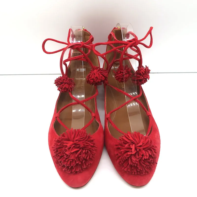 Aquazzura Sunshine Pom Pom Escarpins à Lacets en Daim Rouge Taille 39.5 NEUF