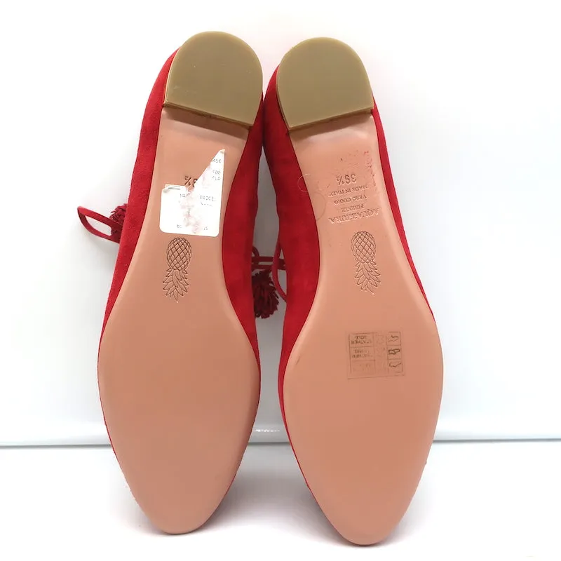 Aquazzura Sunshine Pom Pom Escarpins à Lacets en Daim Rouge Taille 39.5 NEUF