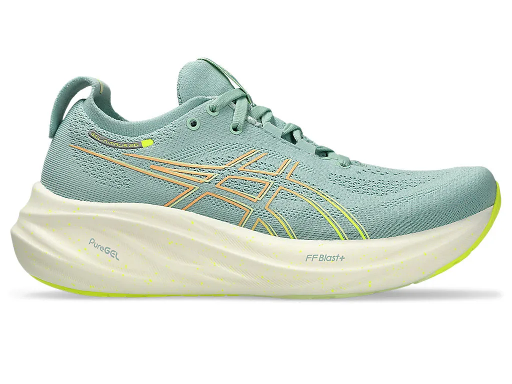 Asics Gel Nimbus 26 Femme - Céladon Clair/ Jaune Sécurité (1012B601-301) Asics Chaussures de Course