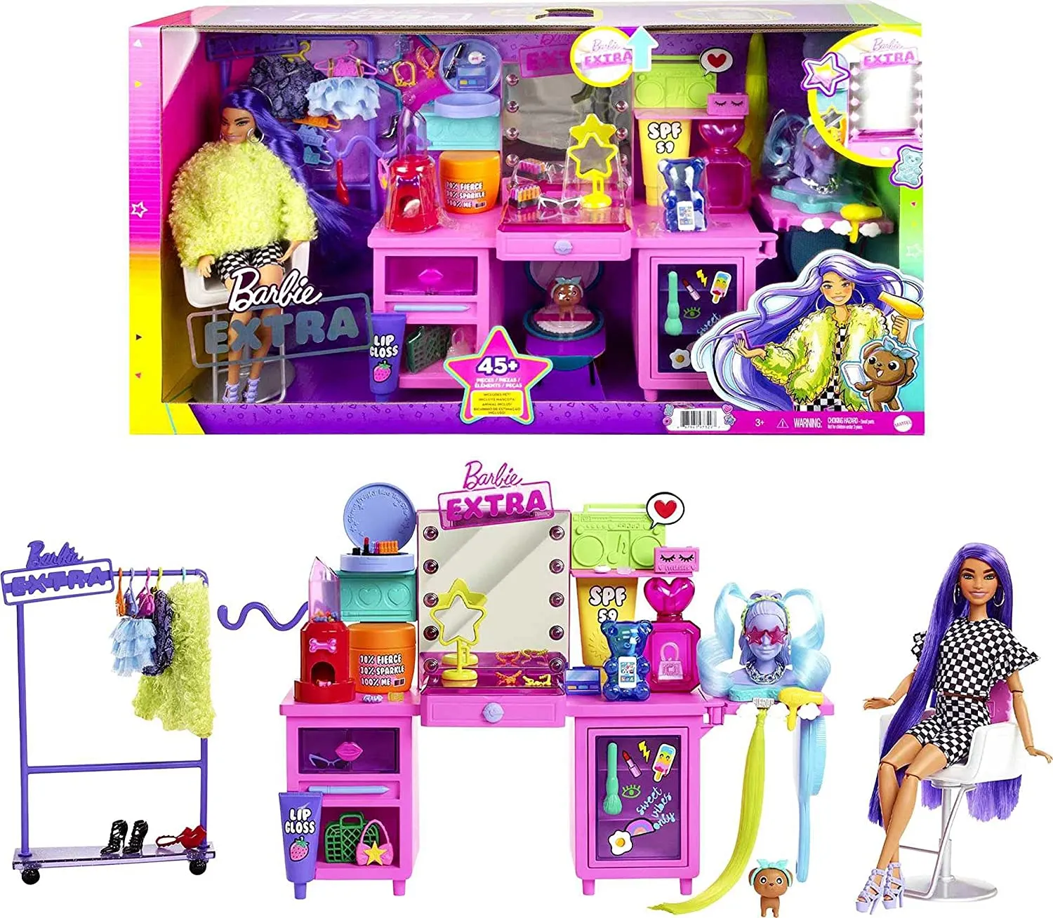 Jouets Barbie Poupée Barbie Extra & Coffret Coiffeuse avec Poupée Exclusive, Chiot & 45  Pièces Incluant Coiffeuse, Portant à Vêtements Roulant, Miroir Éclairé, Vêtements & Accessoires