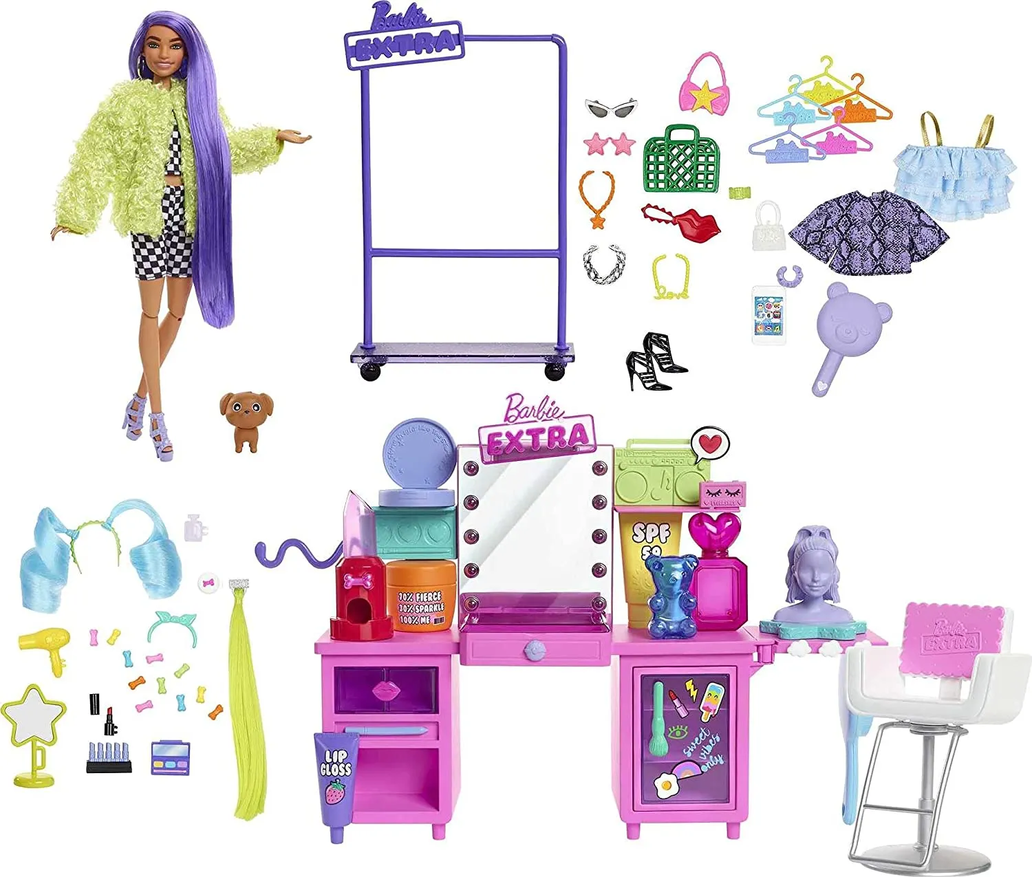 Jouets Barbie Poupée Barbie Extra & Coffret Coiffeuse avec Poupée Exclusive, Chiot & 45  Pièces Incluant Coiffeuse, Portant à Vêtements Roulant, Miroir Éclairé, Vêtements & Accessoires