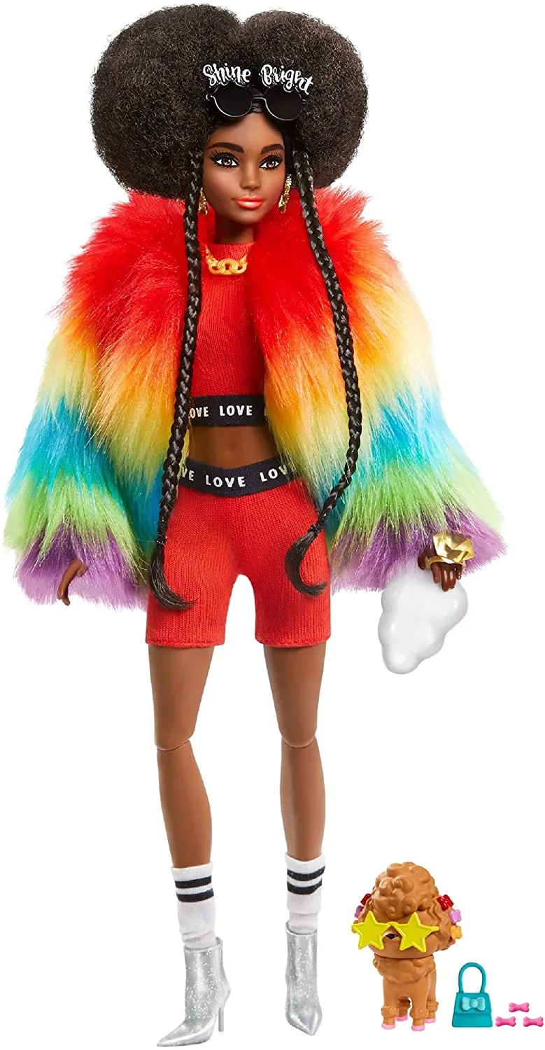 Poupée Barbie Extra avec manteau arc-en-ciel et jouet pour chien