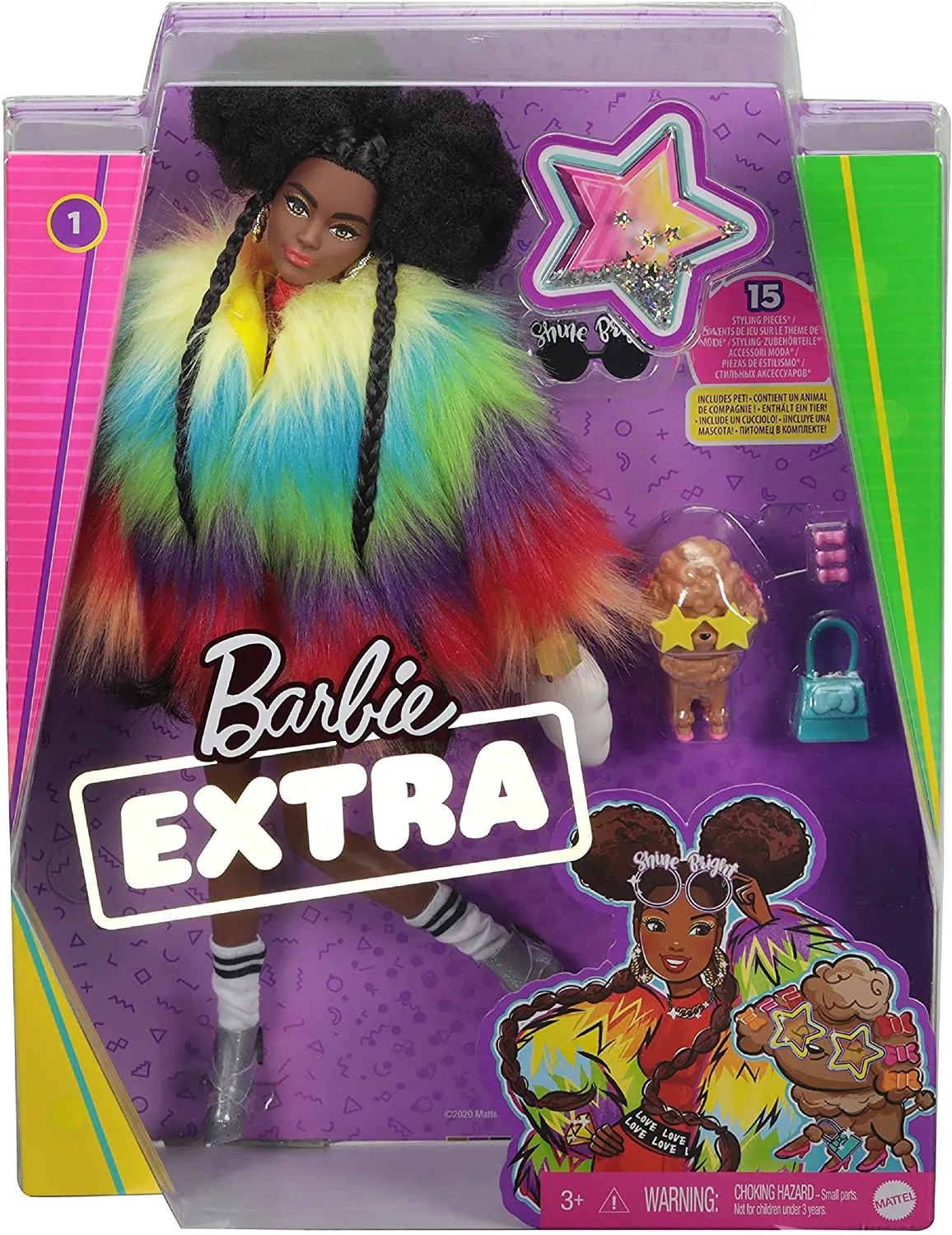 Poupée Barbie Extra avec manteau arc-en-ciel et jouet pour chien