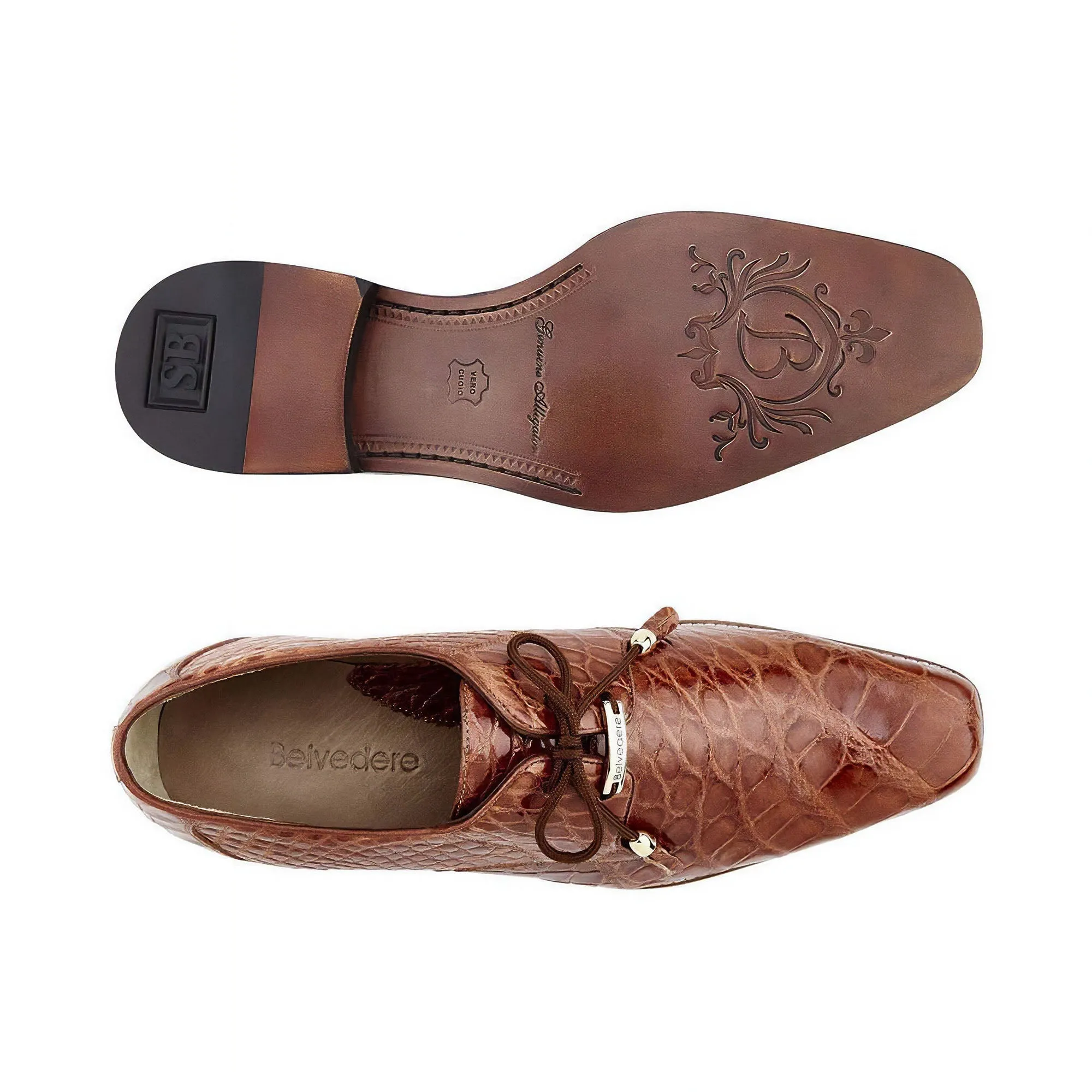 Chaussures Belvedere en peau exotique Belvedere Lago en Oxford en alligator véritable cognac