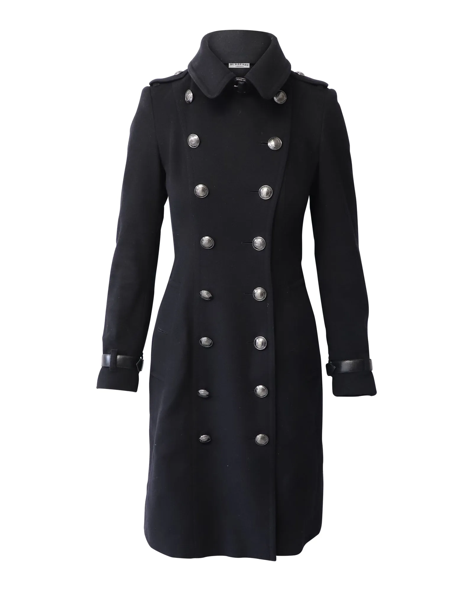 Burberry Trench à double boutonnage avec détails en cuir en laine noire