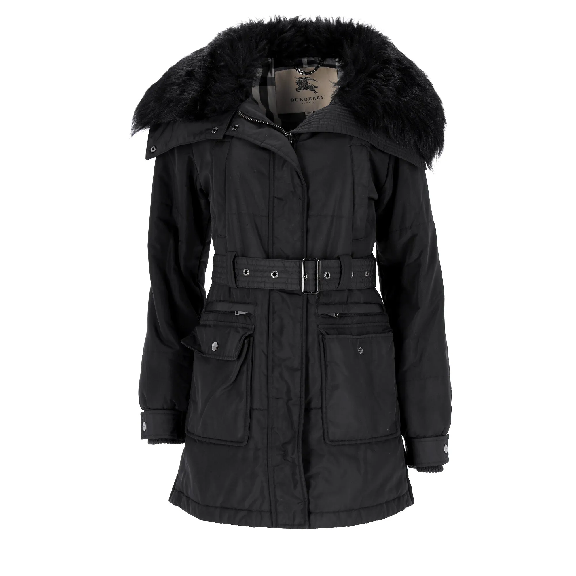 Burberry London Trench Ceinturé à Garniture en Fourrure en Polyamide Noir