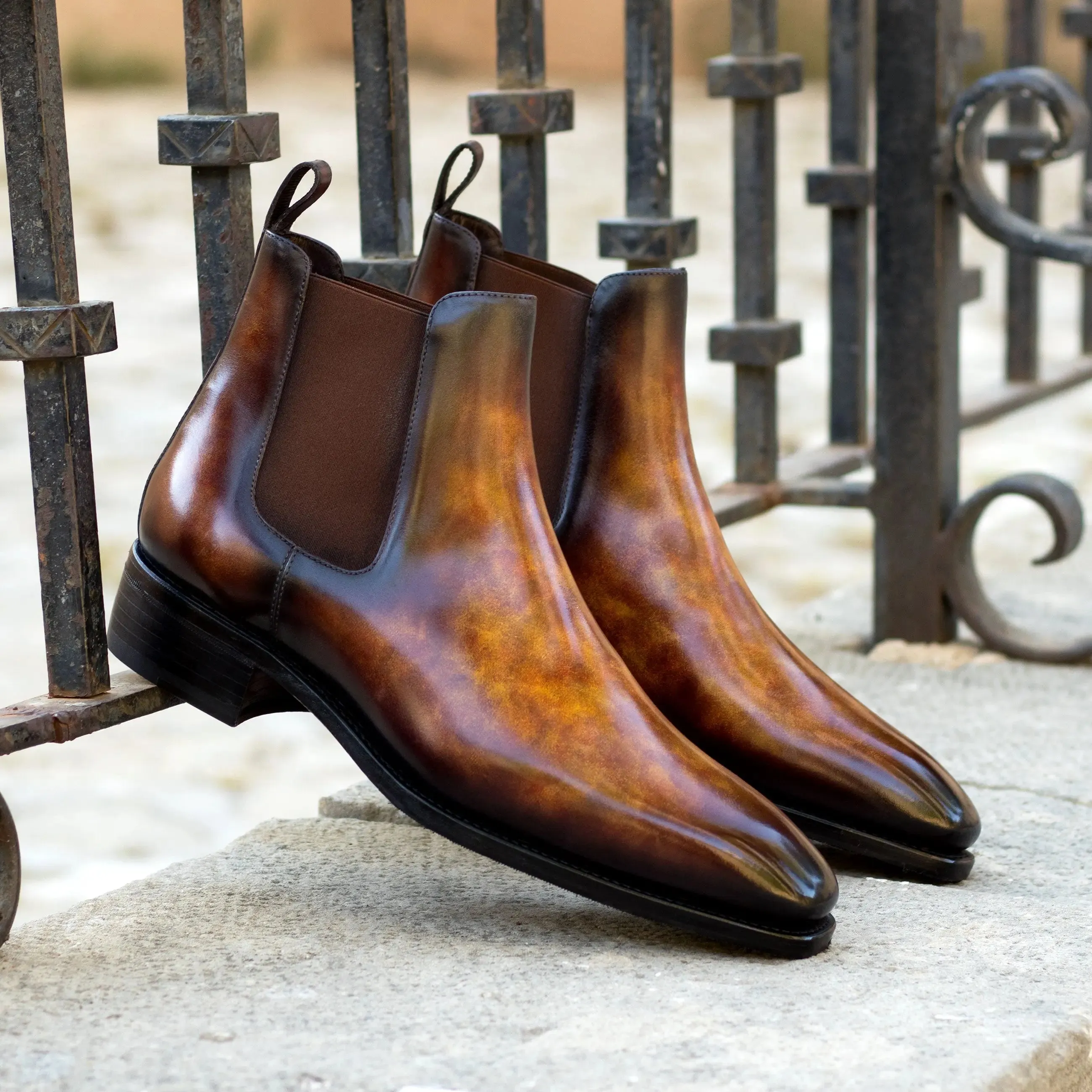 Chaussures Dapperfam DapperFam Monza en Feu Bottes Chelsea à Patine Peinte à la Main pour Hommes