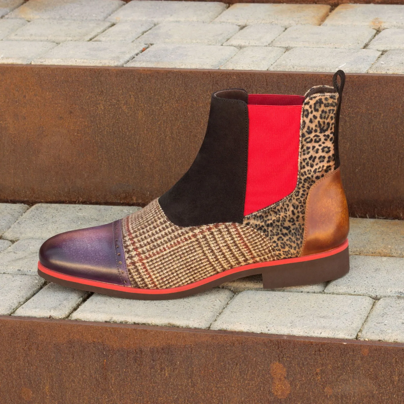 Dapperfam Shoes DapperFam Vesuvio en Tweed / Léopard / Noir - Bottes Chelsea Multi pour Hommes en Suédine de Luxe & Patine Peinte à la Main