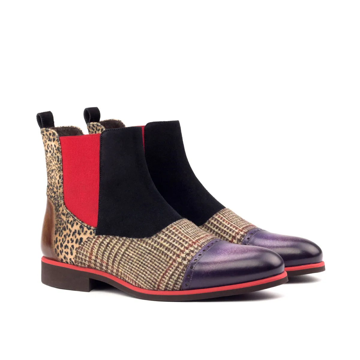 Dapperfam Shoes DapperFam Vesuvio en Tweed / Léopard / Noir - Bottes Chelsea Multi pour Hommes en Suédine de Luxe & Patine Peinte à la Main