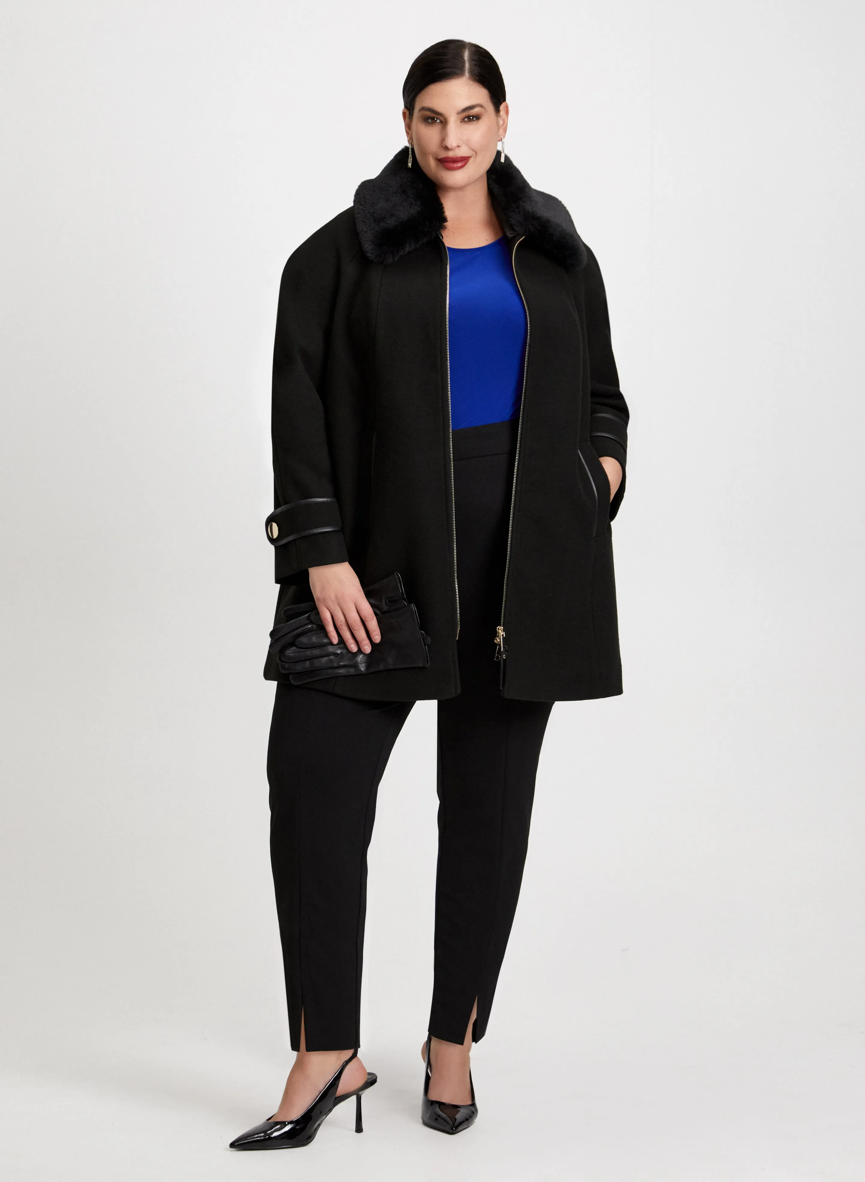 Manteau à col en fausse fourrure & Haut à manches à volants