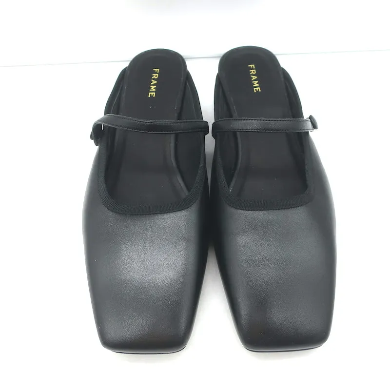 FRAME Le Em Flat Mary Jane Mules en Cuir Noir Taille 38 NEUF