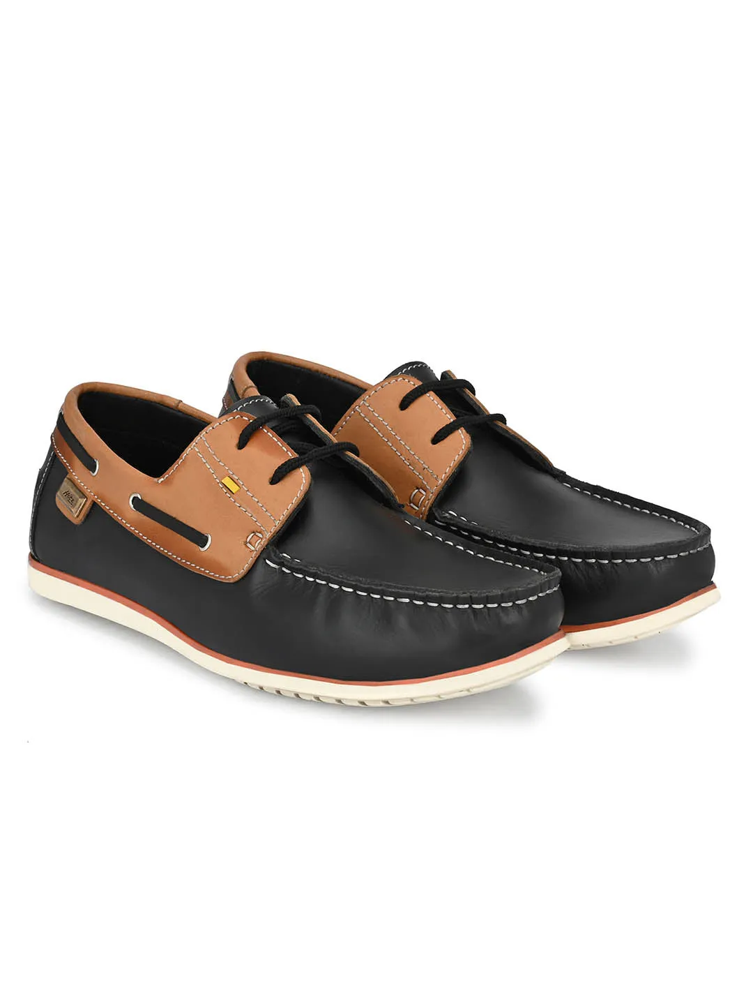 Chaussures bateau en cuir noir pour hommes à lacets Hitz