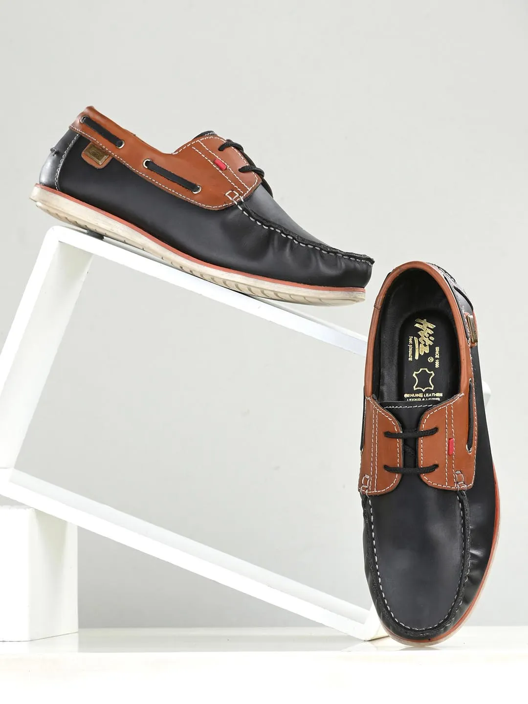Chaussures bateau en cuir noir pour hommes à lacets Hitz