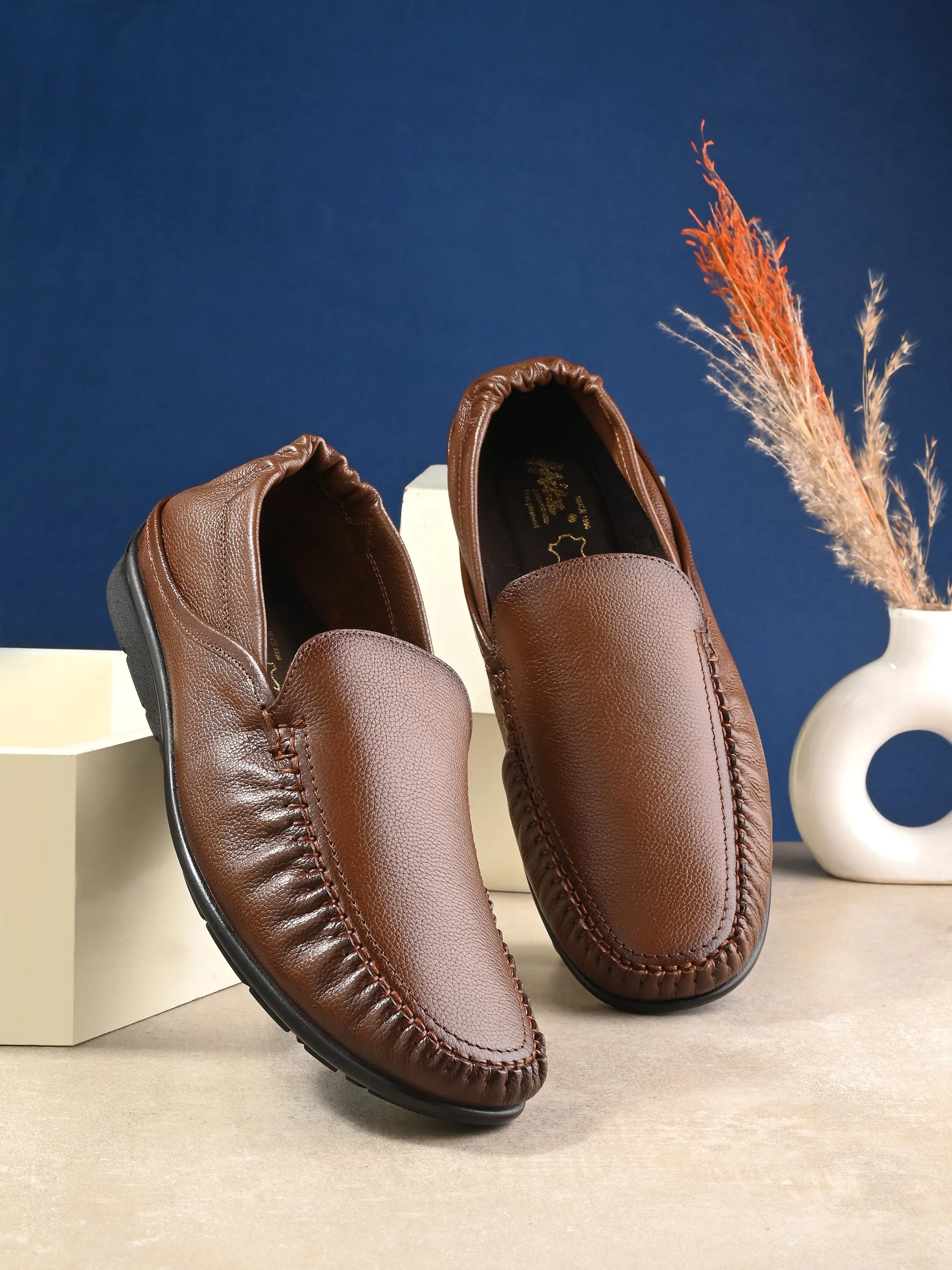 Chaussures Hitz Homme à Enfiler en Cuir Marron, Mocassins Confortables