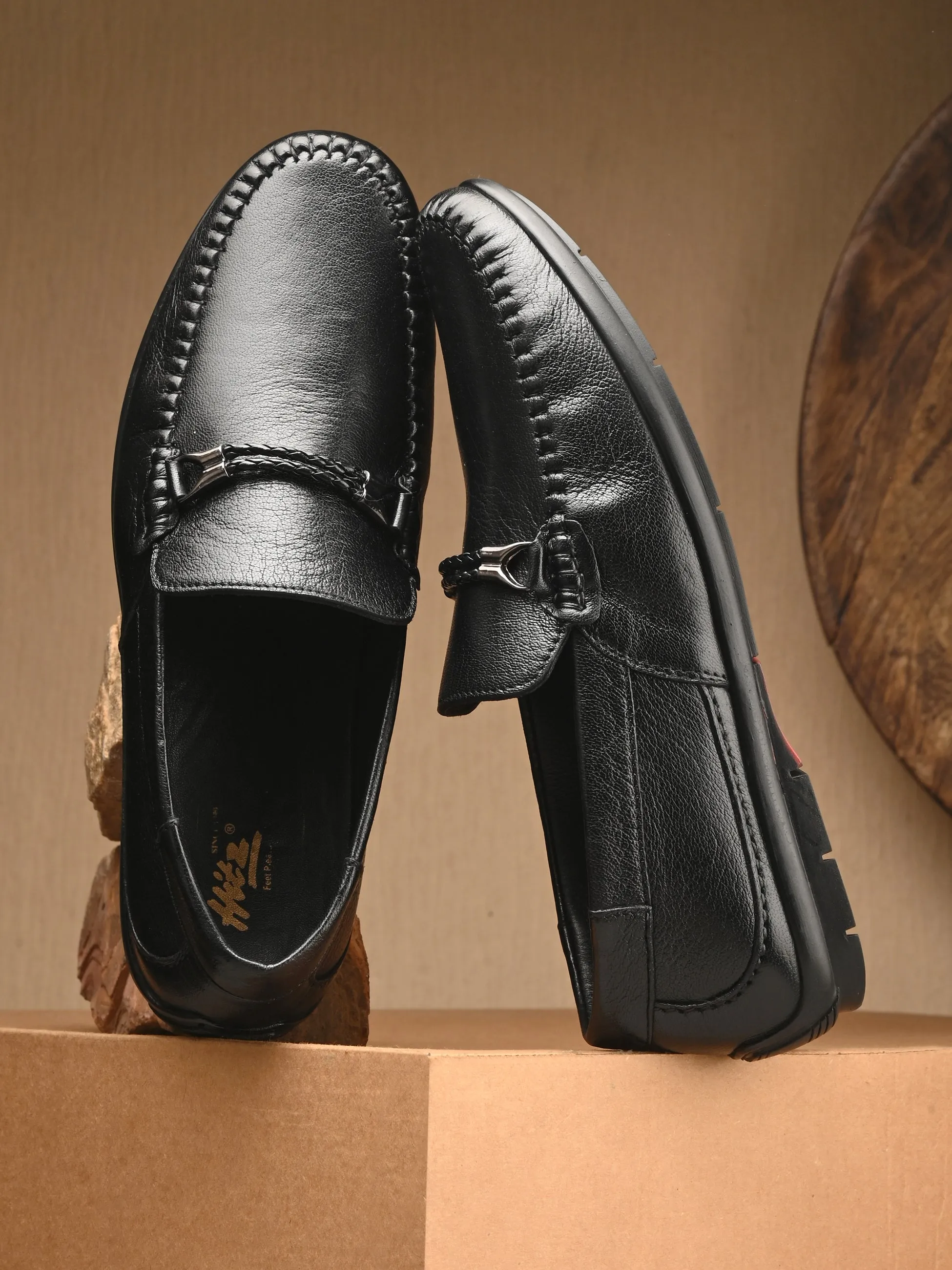 HITZ1203 Chaussures décontractées à enfiler en cuir noir pour hommes