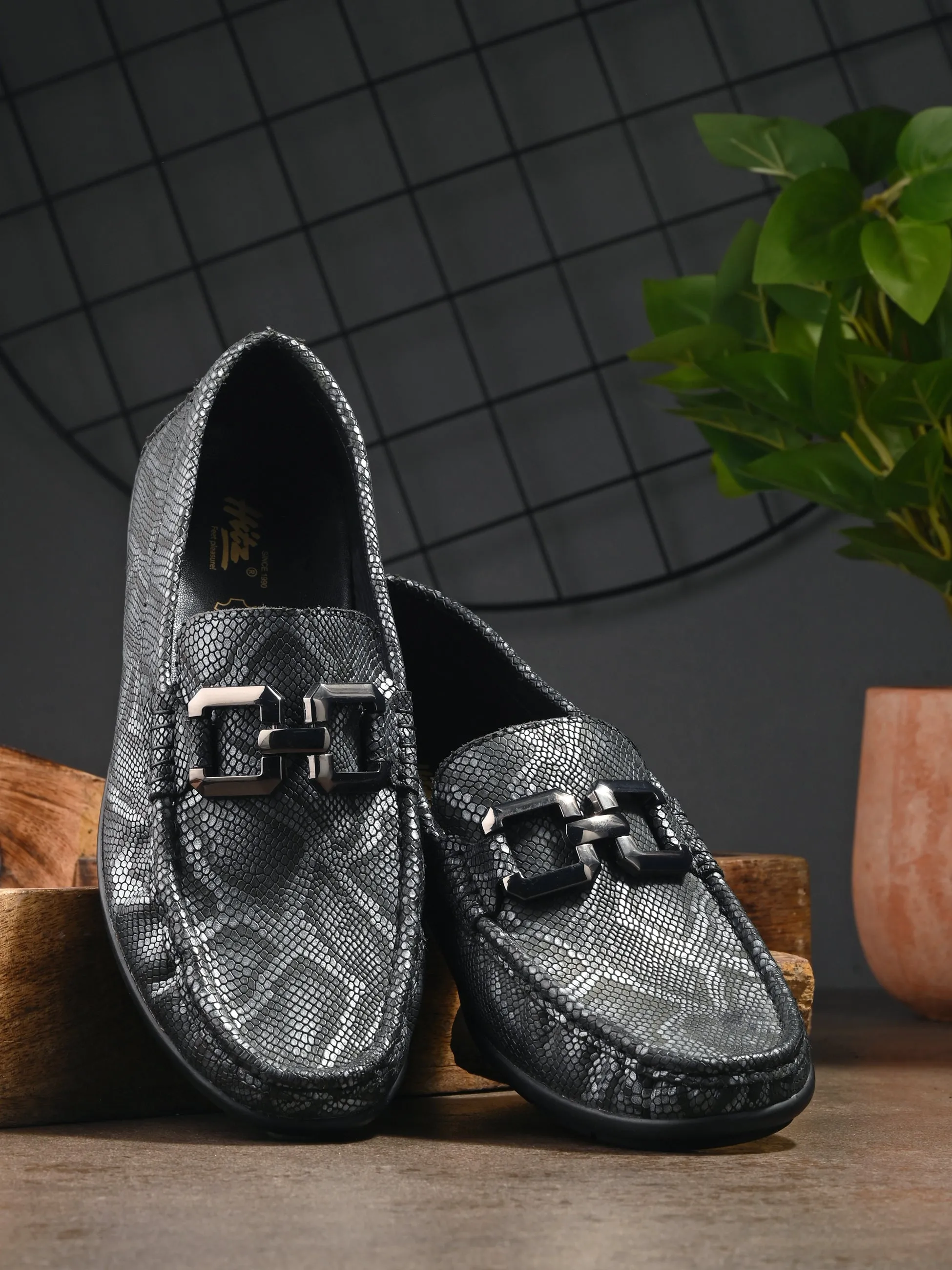 HITZ1207 Chaussures décontractées à enfiler en cuir gris pour hommes