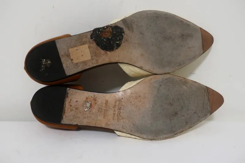 Jenni Kayne Escarpins d'Orsay Crème en peau de serpent et cuir marron Taille 37.5