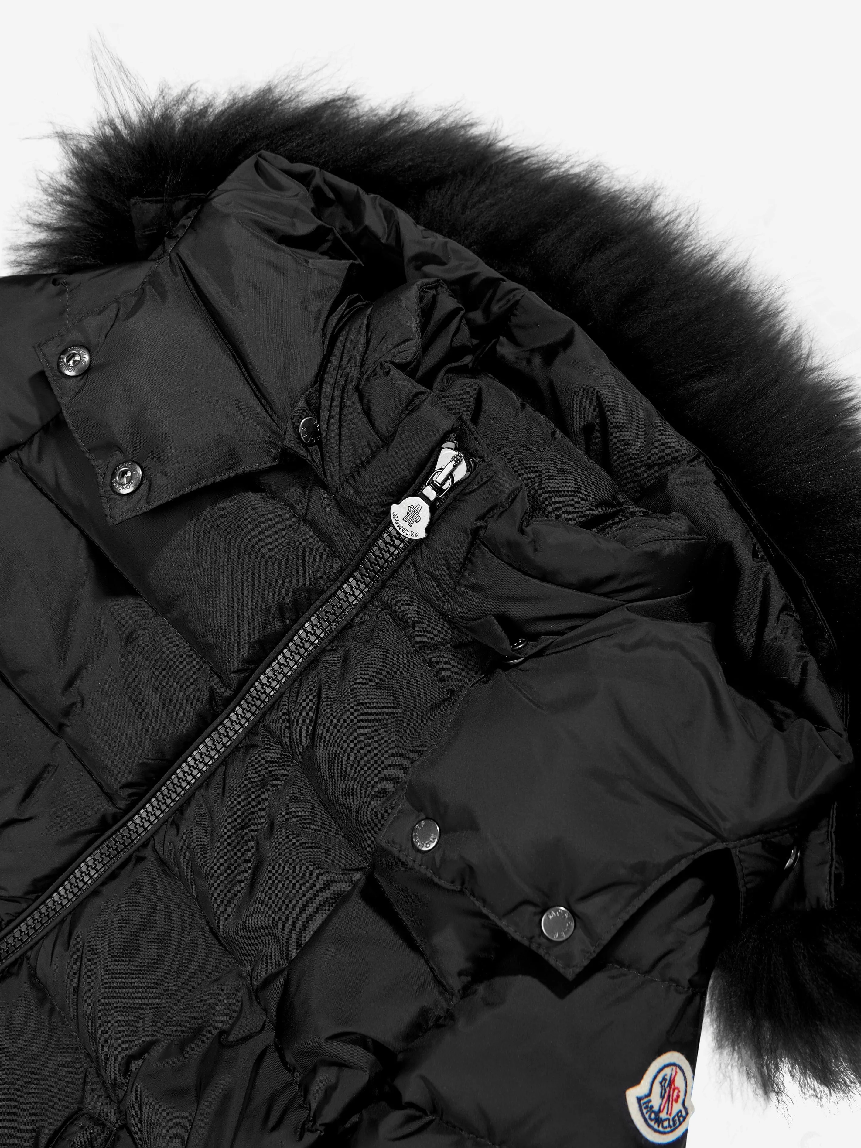 Moncler Enfant Veste en duvet à capuche doublée de shearling pour filles en noir