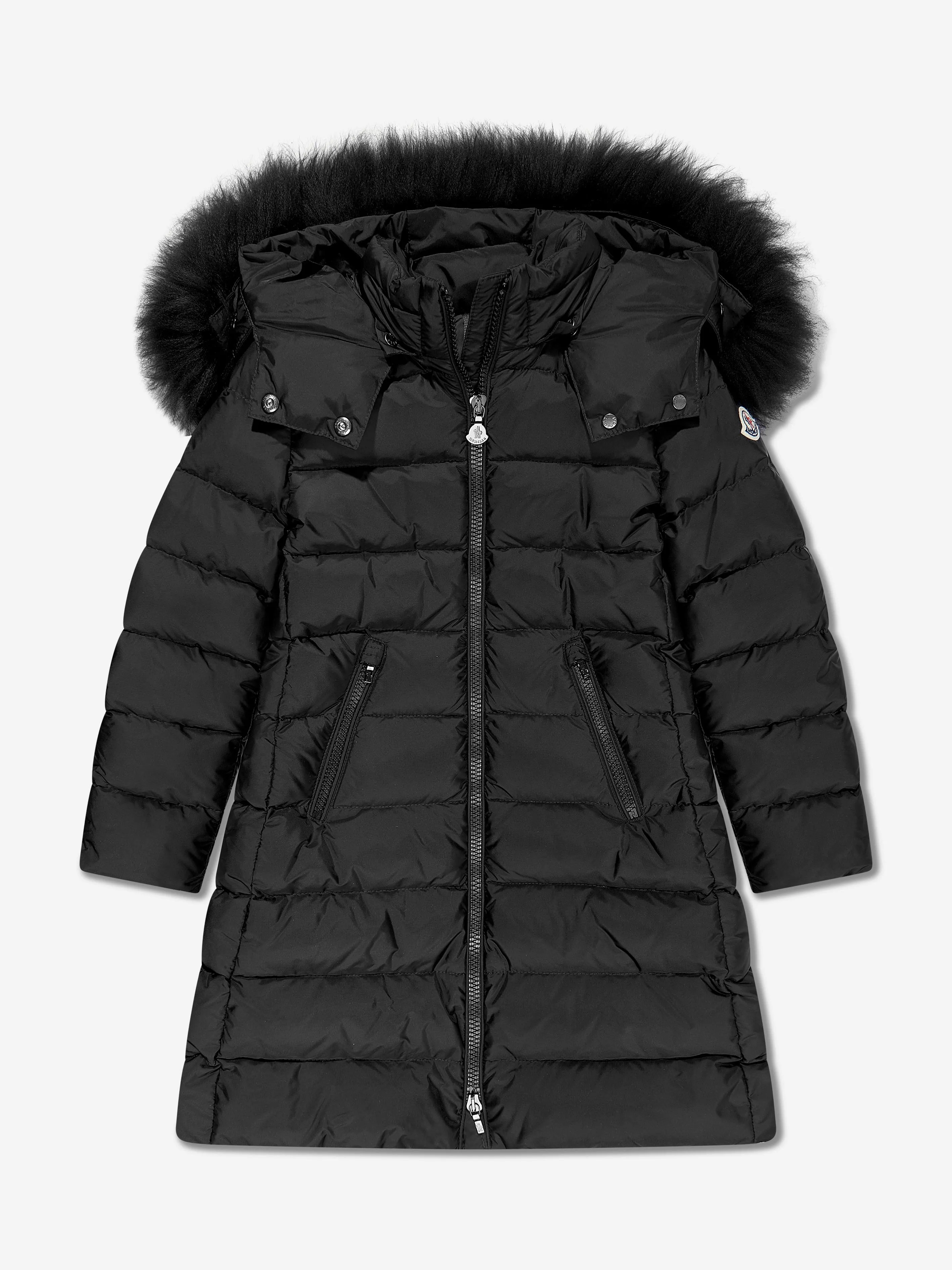 Moncler Enfant Veste en duvet à capuche doublée de shearling pour filles en noir