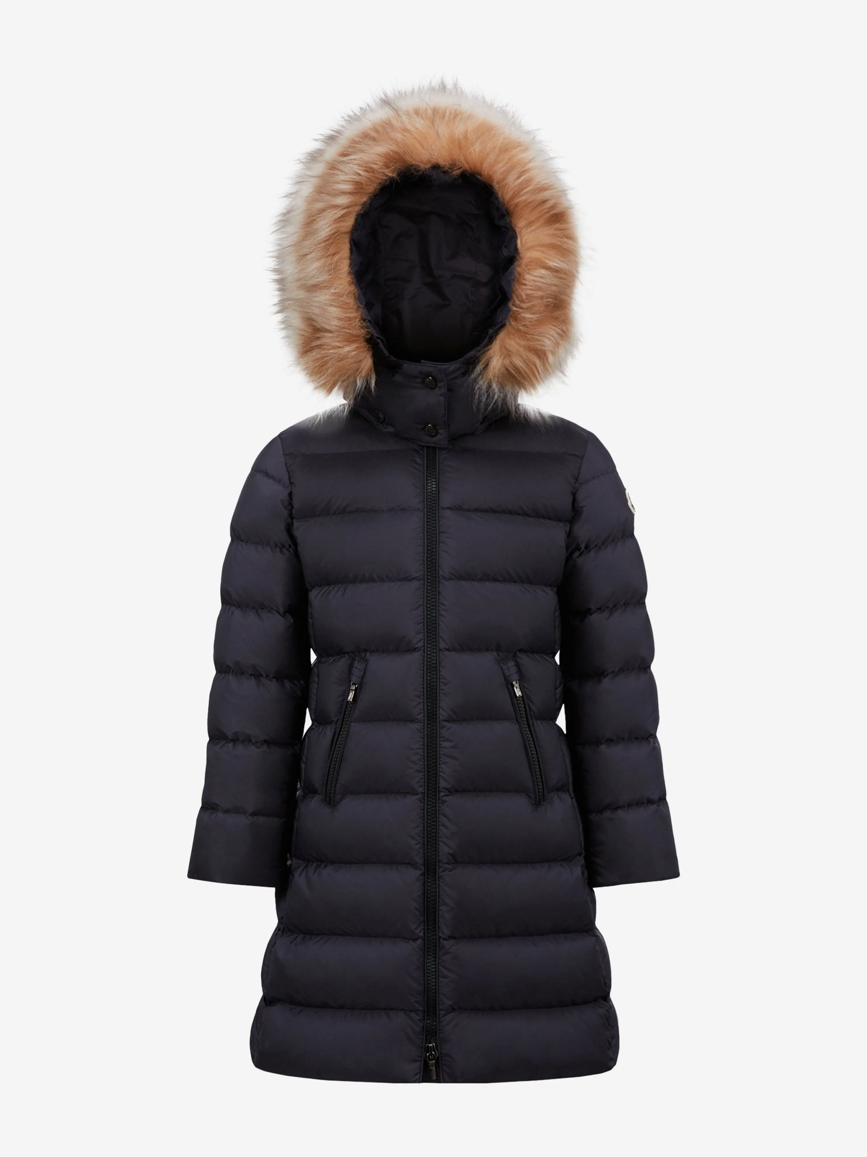 Moncler Enfant Veste en duvet à capuche doublée de shearling pour filles en bleu marine