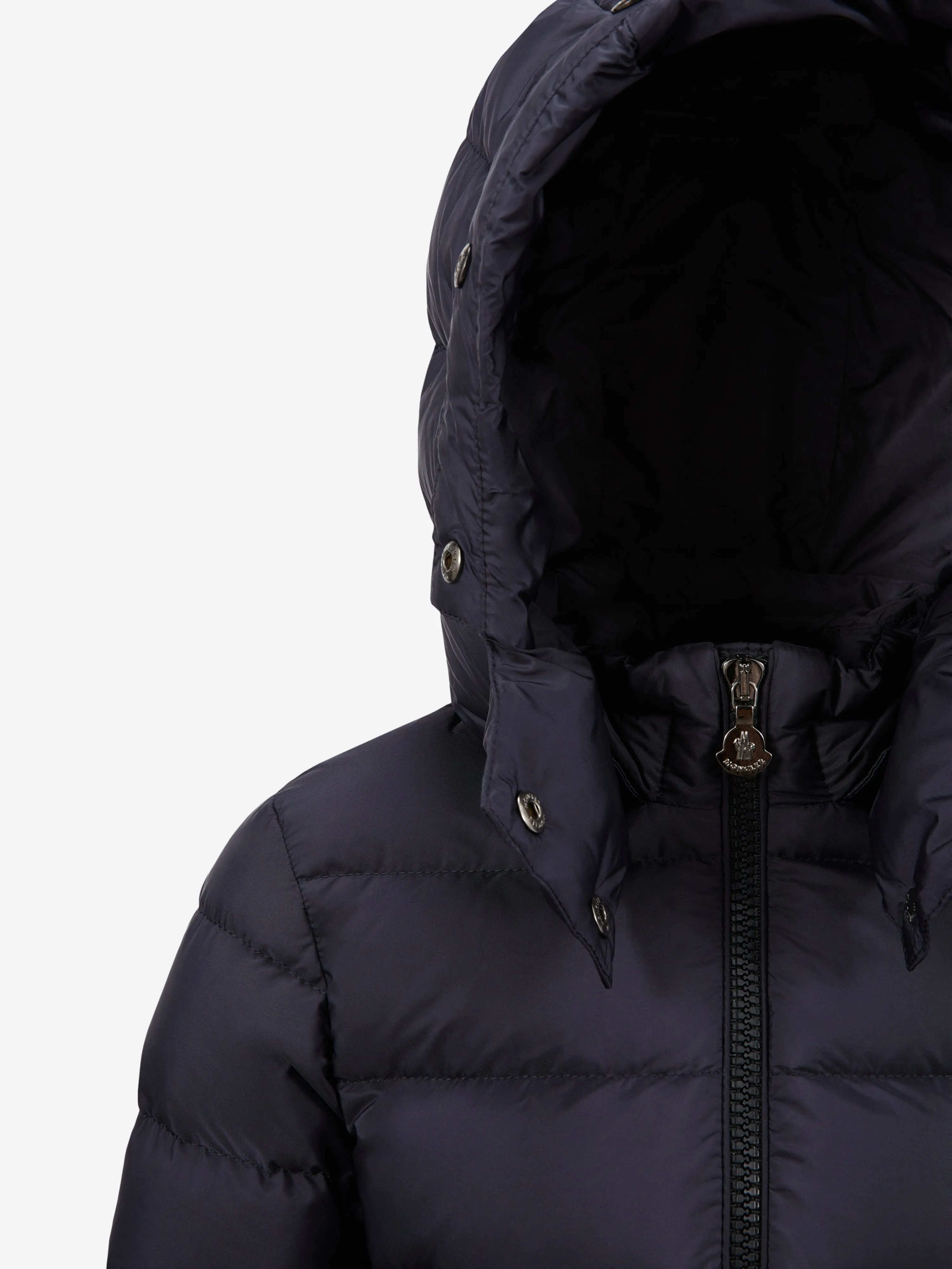 Moncler Enfant Veste en duvet à capuche doublée de shearling pour filles en bleu marine