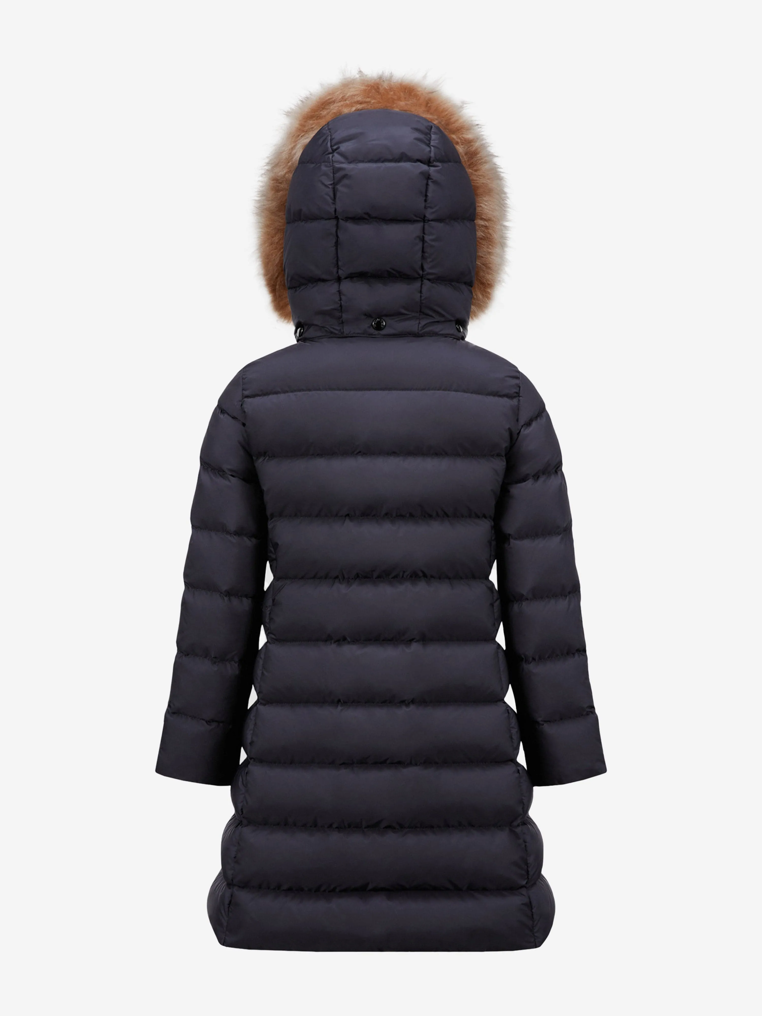 Moncler Enfant Veste en duvet à capuche doublée de shearling pour filles en bleu marine