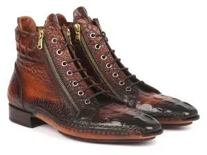 Paul Parkman Shoes Paul Parkman Croco-Textured Calfskin Handmade Zipper Boots in Brown Burnished