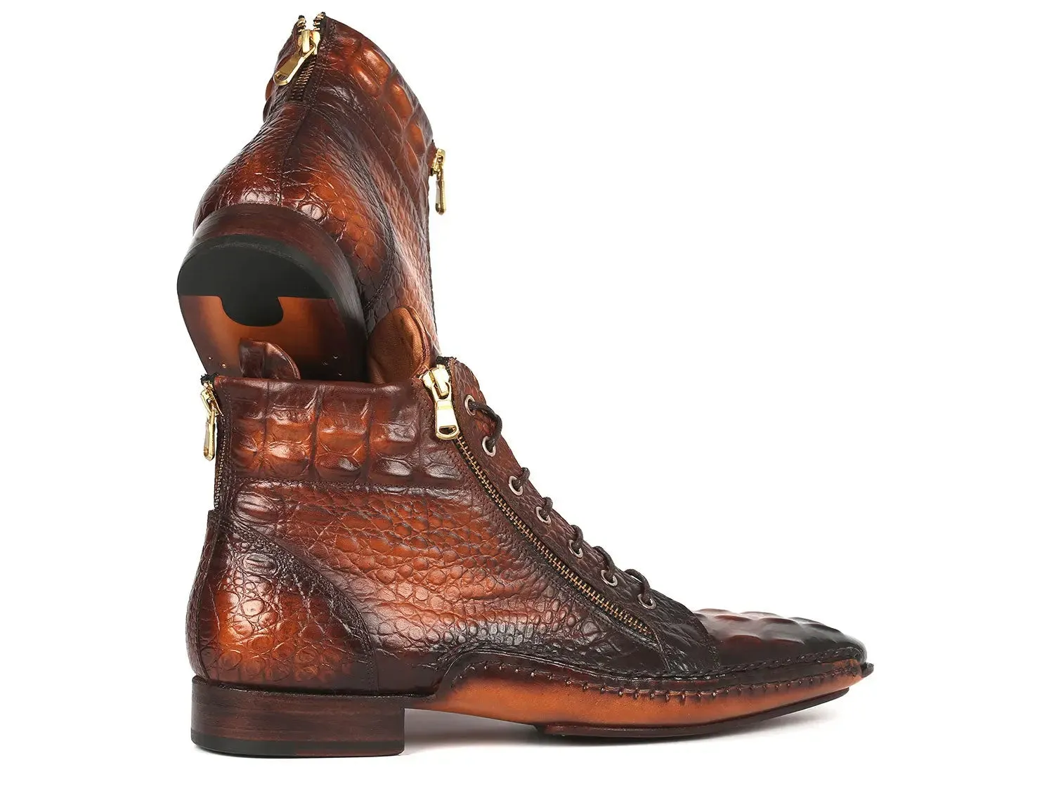 Paul Parkman Chaussures Bottes à fermeture éclair en veau texturé crocodile fabriquées à la main Paul Parkman en brun bruni