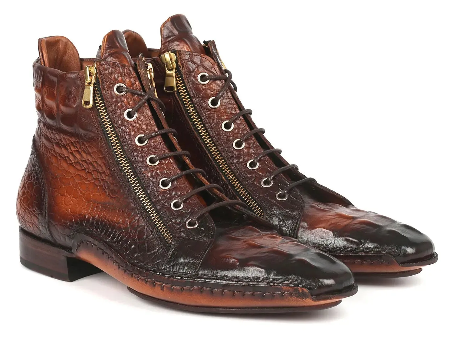 Paul Parkman Chaussures Bottes à fermeture éclair en veau texturé crocodile fabriquées à la main Paul Parkman en brun bruni
