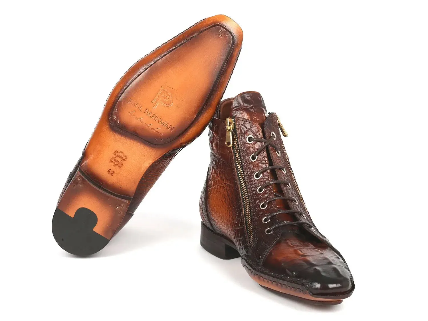Paul Parkman Chaussures Bottes à fermeture éclair en veau texturé crocodile fabriquées à la main Paul Parkman en brun bruni