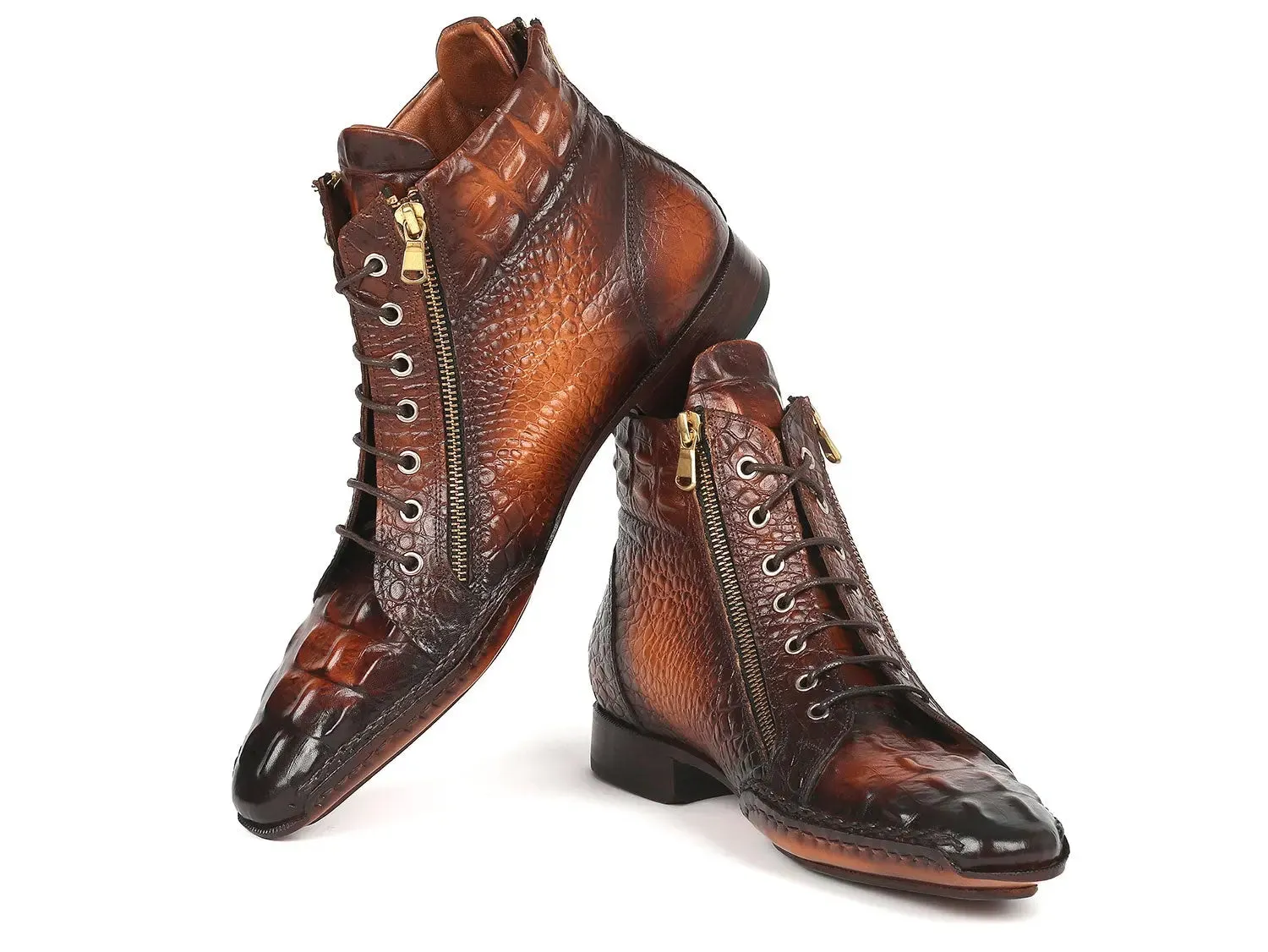 Paul Parkman Chaussures Bottes à fermeture éclair en veau texturé crocodile fabriquées à la main Paul Parkman en brun bruni