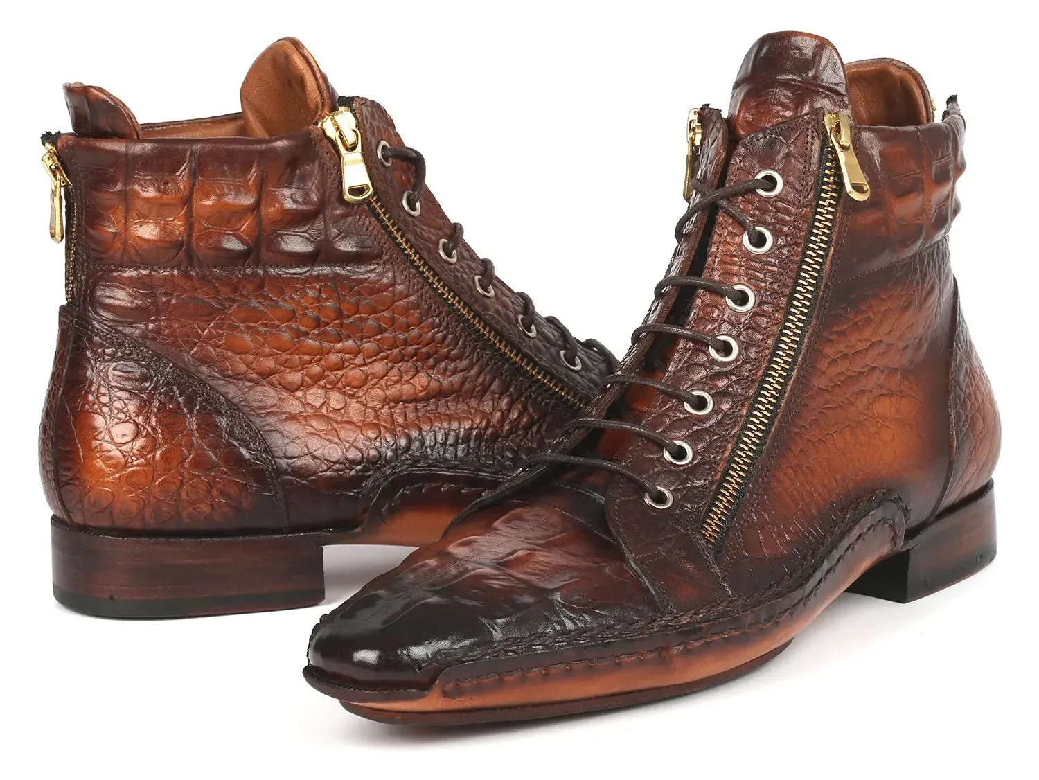 Paul Parkman Chaussures Bottes à fermeture éclair en veau texturé crocodile fabriquées à la main Paul Parkman en brun bruni