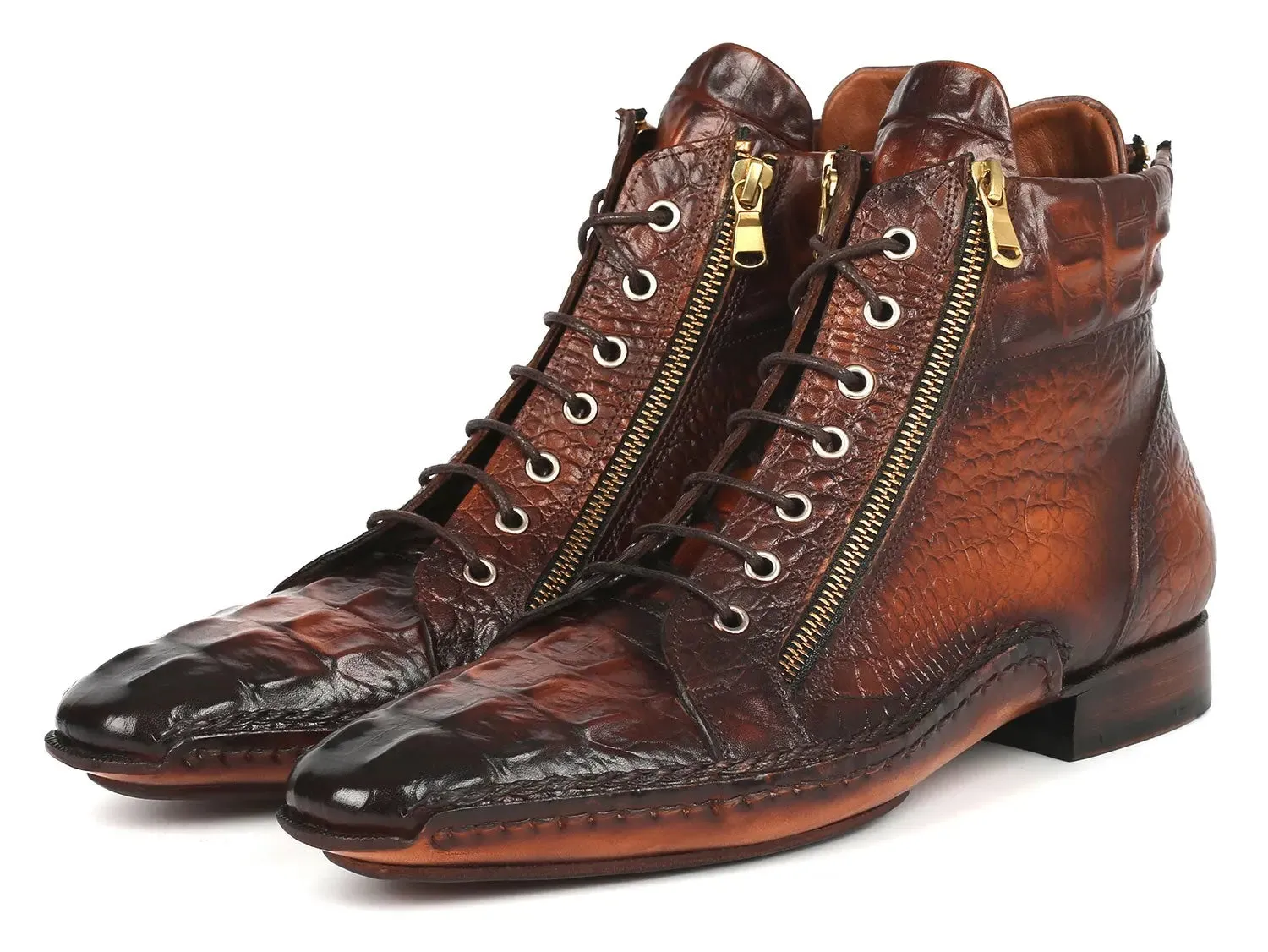 Paul Parkman Chaussures Bottes à fermeture éclair en veau texturé crocodile fabriquées à la main Paul Parkman en brun bruni