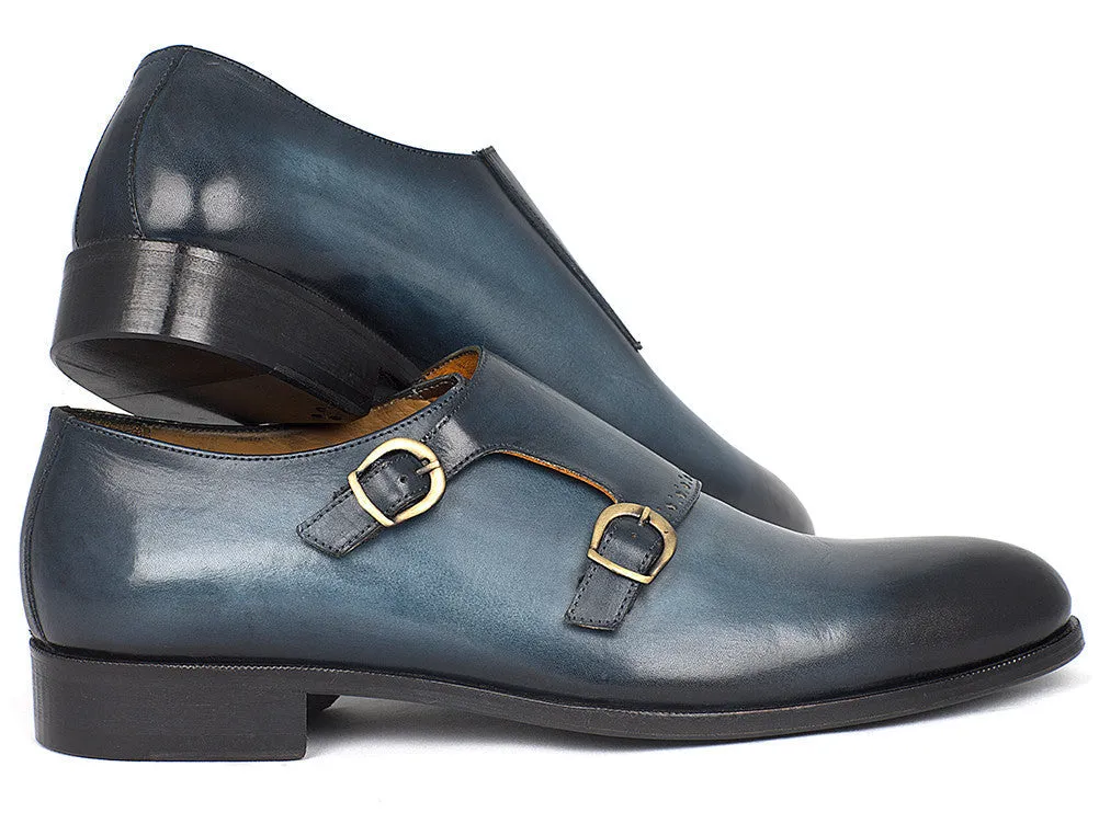 Paul Parkman Chaussures Paul Parkman Bottines Double Monastique en Cuir Peint à la Main en Bleu Marine