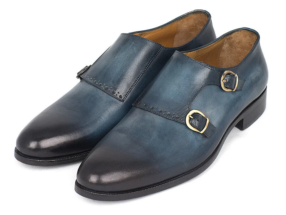 Paul Parkman Chaussures Paul Parkman Bottines Double Monastique en Cuir Peint à la Main en Bleu Marine